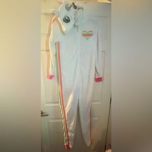 White unicorn hooded one piece, with Rainbow Stripes
